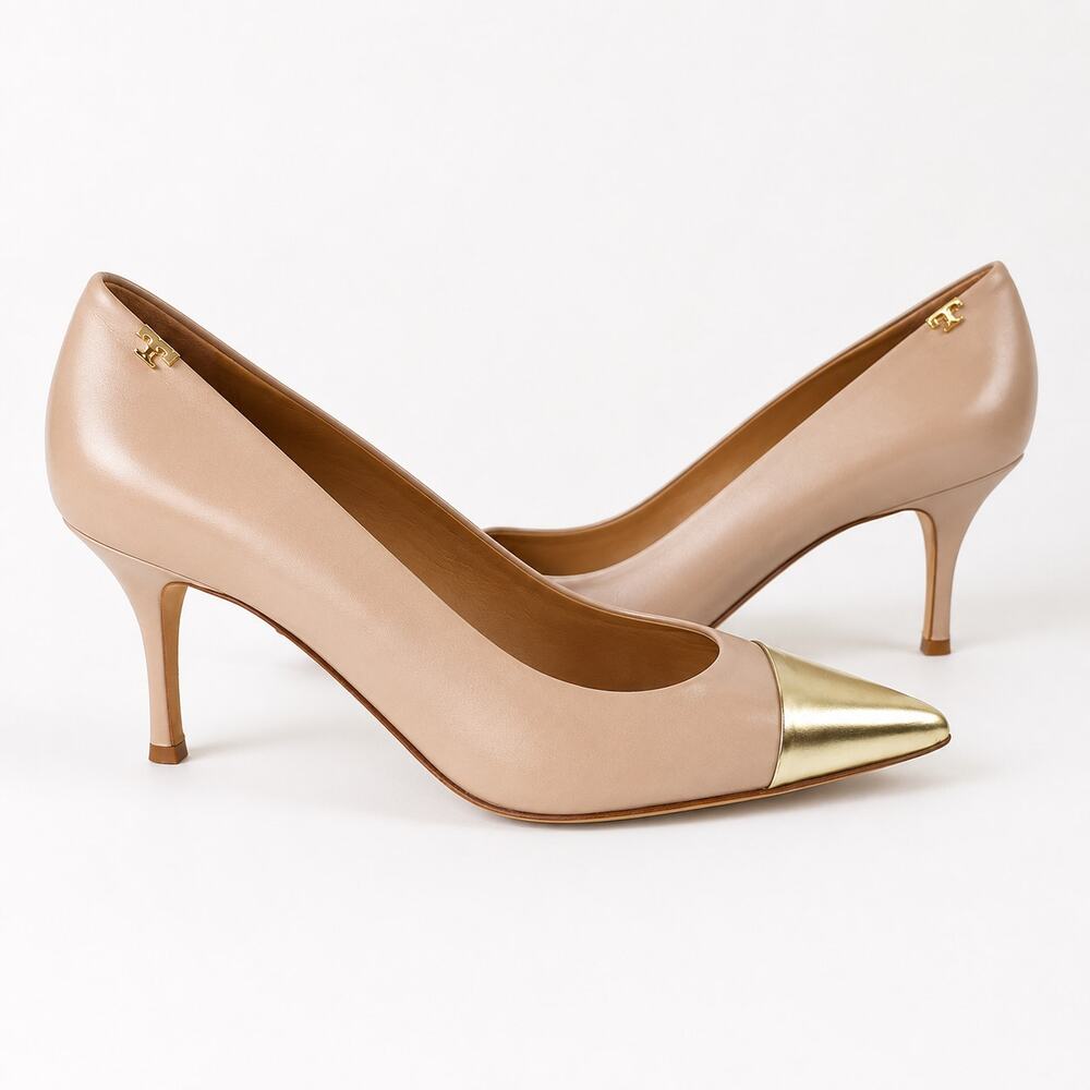 Tory Burch Leather Pumps Gold Cap Toe Nude Heels Size 9